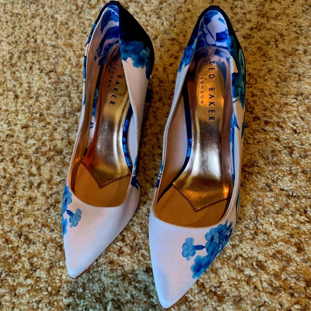 Ted Baker London Wishirp floral satin heels, size 36 (US 5) pink blue fantasia